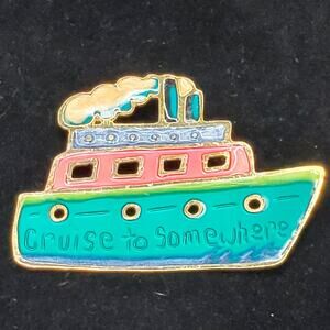 Cruise to Somewhere Steam Ship Gold Tone Brooch Unsigned 1.5" Vtg